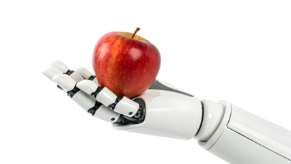 a robotic hand holding an apple isolated