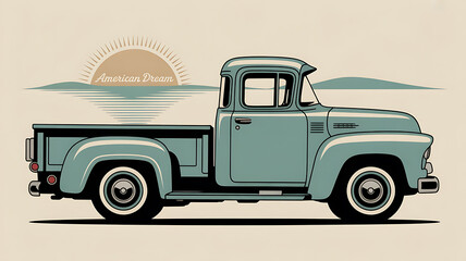 
A retro illustration of a classic teal-colored pickup truck with the words "American Dream" on the side.