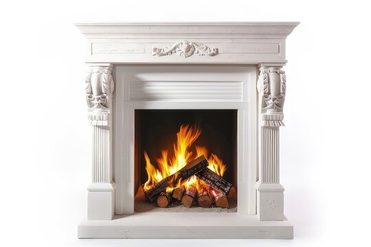 A classic white fireplace with a roaring fire and neatly stacked logs.