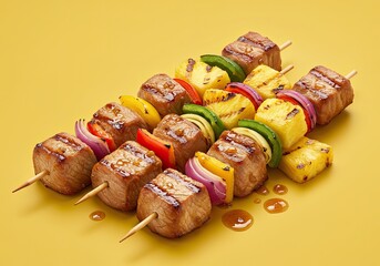Grilled Pork Skewers with Pineapple on White Background 