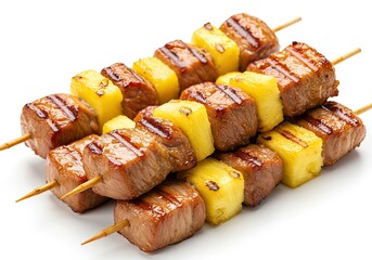 Grilled Pork Skewers with Pineapple on White Background 