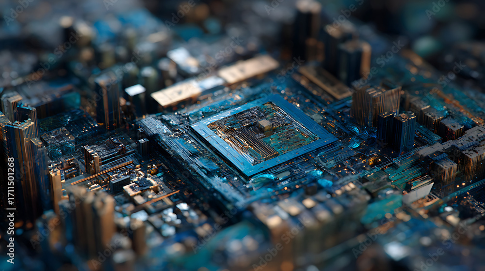Poster visual storytelling through the micro world of an intricate blue processor