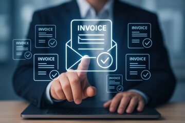 Digital Invoice Management Concept with Animated Invoice Icon and Businessman Interaction