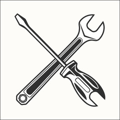 Simple line art icon of a hammer and wrench crossed together on a white background
