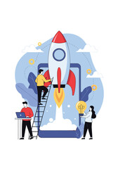 Startup Launch Concept With People And Rocket Taking Off On Mobile Screen