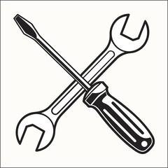 Simple line art icon of a hammer and wrench crossed together on a white background
