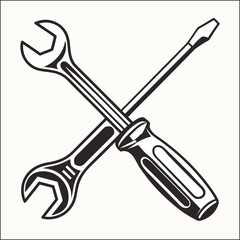 Simple line art icon of a hammer and wrench crossed together on a white background
