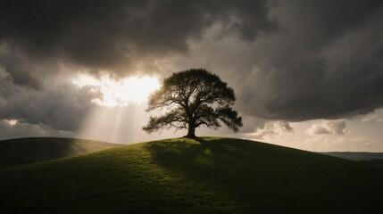 Solitary tree on a grassy hill under dramatic sky with sun rays