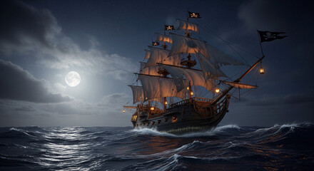 Hyper-Realistic Pirate Ship at Sea under Moonlit Night Sky