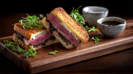 Juicy grilled steak sandwich with toasted bread and fresh microgreens served wooden board with dipping sauce, appetizing meal