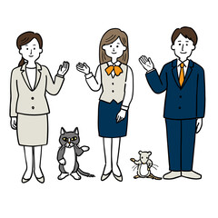 制服を着た女性と男性が案内をしているイラスト5点セット