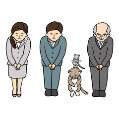 スーツを着た女性と男性が丁寧にお辞儀をしている5点セット