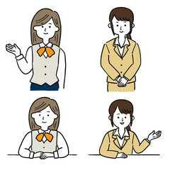 制服を着た若い女性が受付で案内をしているイラスト4点セット