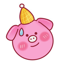 Fototapeta premium Kawaii pink pig cartoon mascot with cone hat — cute chibi character PNG illustration