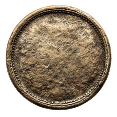 Circular, ornate, bronze-toned disc with textured surface