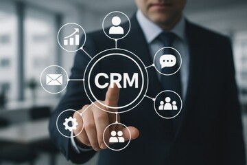 Businessman Engaging with CRM Concept and Digital Icons in Modern Office Environment