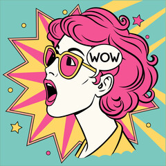 Business woman with red hair and open mouth on yellow background in comic pop art style. Comic girl with surprised face. Wow, pop art face. Vector Banner template with copy space for text
