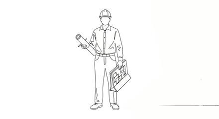 Line art illustration of an architectural engineer or project manager, wearing a hard hat and holding building plans, embodying professional construction planning and development