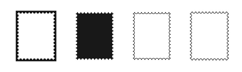 Set of postage stamp frames with perforated edges and coastal borders in different styles. Blank hand drawn wiggle retro stamp poster mockup,Cute doodle  wavy frame for vintage illustration, scrapbook