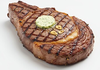 grilled rib eye steak with garlic butter on white background 
