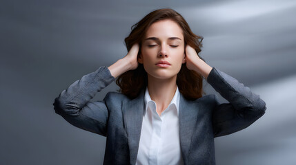 Closed Ears: A businesswoman, immersed in deep thought with her eyes shut, shields her ears from noise. An exploration of focus and the need for mental quietude amidst the backdrop of a stressful.