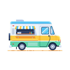 A colorful food truck illustration with a striped awning, side window, and a yellow and green body.