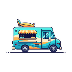 Illustration of a blue food truck with a yellow surfboard on top, featuring a striped awning and beach-themed decorations.