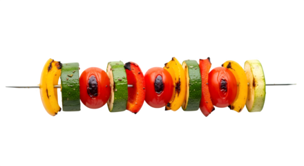 Grilled vegetable skewer with zucchini, tomato, bell pepper, and banana pepper isolated on transparent background, a delicious and healthy summer meal