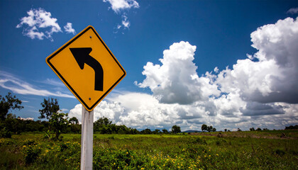 A bright yellow warning sign with a black arrow points the direction for a turn on a clear blue sky