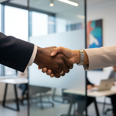 "Close-up of a professional business handshake between diverse partners, symbolizing agreement, trust, and successful collaboration in a modern corporate office setting."
