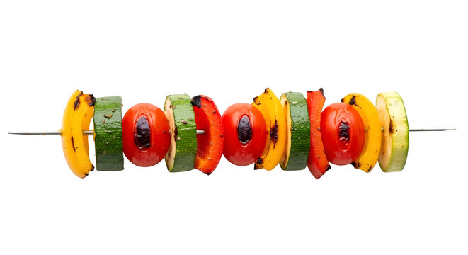 Grilled vegetable skewer with zucchini, tomato, bell pepper, and banana pepper isolated on transparent background, a delicious and healthy summer meal