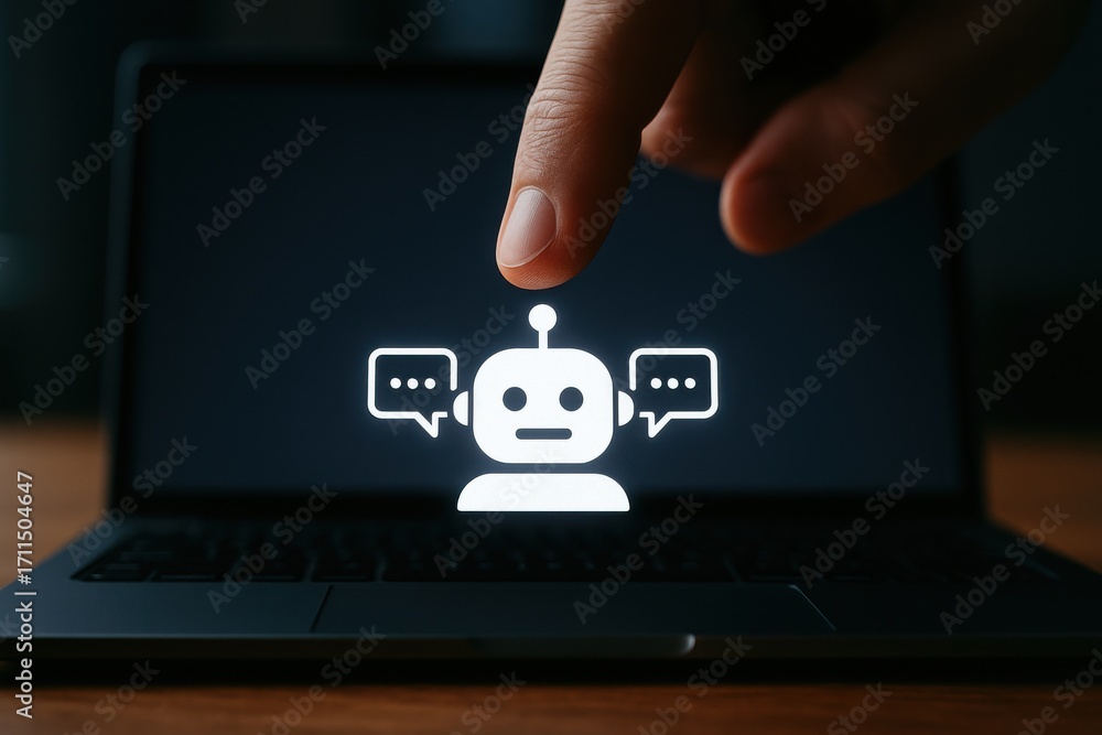 Poster hand reaching to robot icon with speech bubbles on laptop screen in dark background