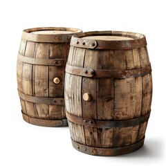 Obraz premium Two wooden barrels with metal bands, commonly used for storage or aging beverages.
