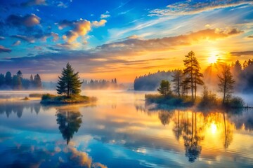 Fototapeta premium Serene Sunrise over Misty Lake with Pine Trees