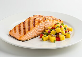Grilled Salmon with Mango Salsa on White Background 