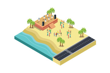 Naklejka premium Illustration of a music event festival on a beach with blue sea, highway and parked vehicles in a row, 3d concept of isometric view of concert party background and stage landscape.