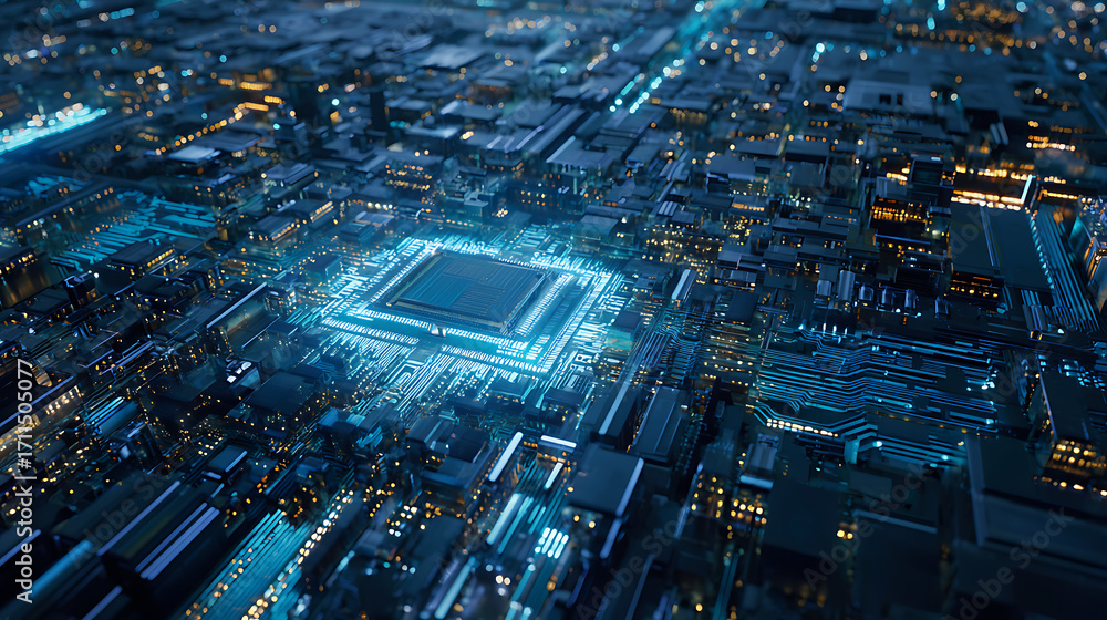 Poster visual storytelling through the micro world of an intricate blue processor