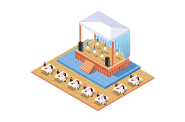Illustration of Musical entertainment in a restaurant with people eating, 3d Concept Isometric View of Concert Party Elements Background and Stage Landscape.