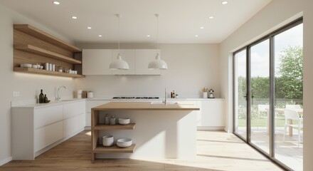 Modern Kitchen Interior with Island Wooden Shelves and Outdoor View.