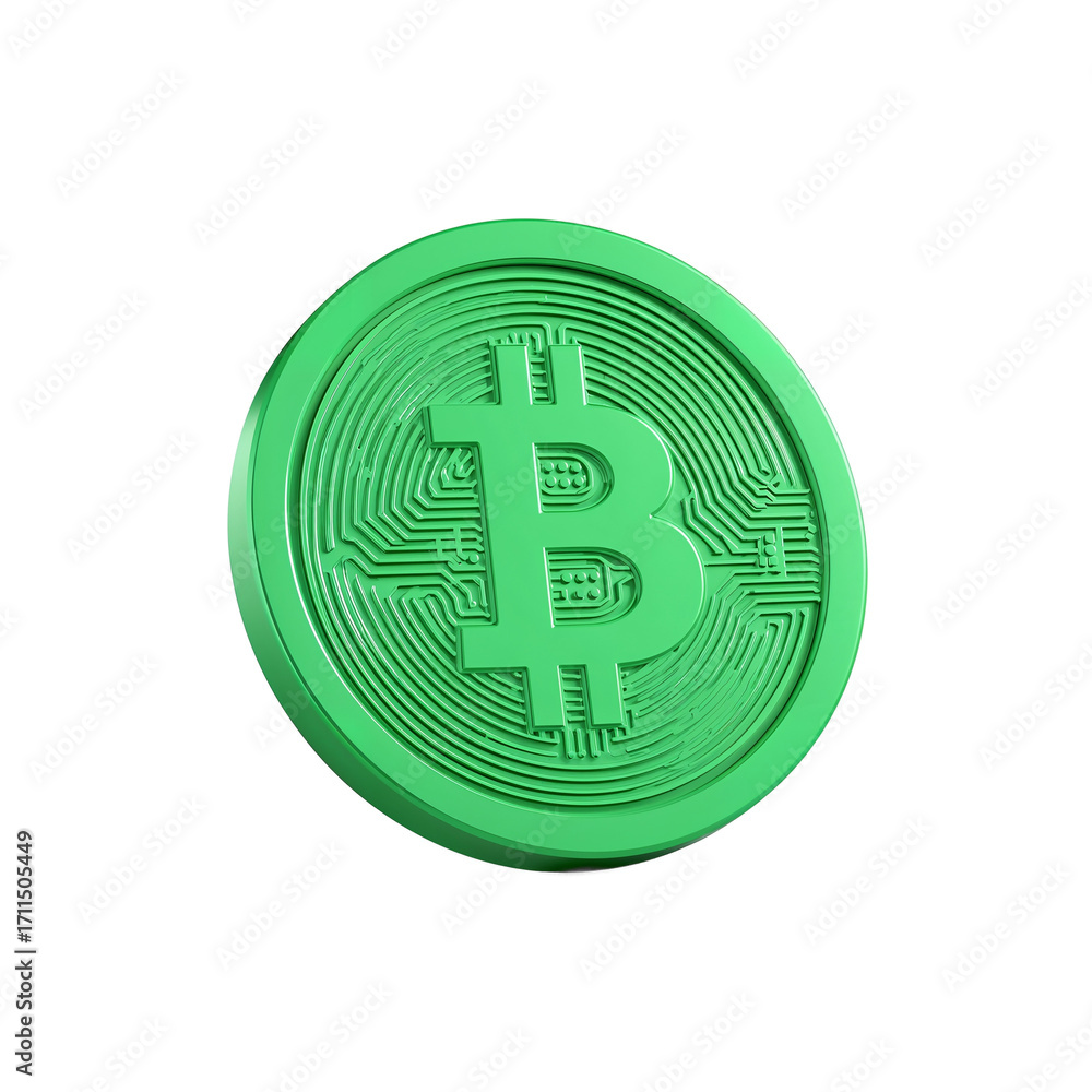 Poster 3d bitcoin symbol coin in green with circuit design png