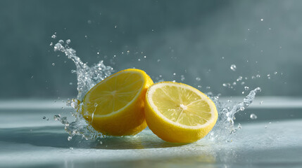 Zesty Citrus Splash: A vibrant split second capture showcasing a lemon sliced in half, the fresh fruit encounters water, creating a dynamic splash, emphasizing the refreshment.