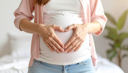Pregnant woman gently cradles growing baby bump, forming heart shape with hands, expressing love and anticipation.