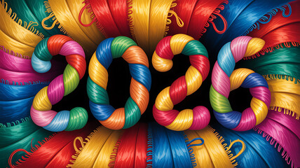 Colorful and vibrant 2026 new year design featuring twisted yarn or rope in rainbow hues against a perfect for festive greetings and creative projects generating excitement