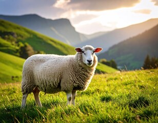 Obraz premium Fluffy White Sheep Standing in Green Mountain Meadow at Sunset