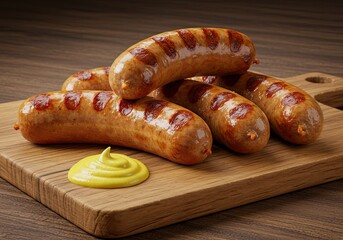 Grilled Sausages with Mustard on White Background 