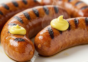 Grilled Sausages with Mustard on White Background 