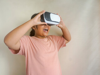 Happy Young Girl In Cyberspace Wearing VR Glasses
