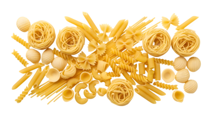 Various types of dry pasta, including spaghetti, penne, farfalle, fusilli, and conchiglie isolated on transparent background for culinary creations