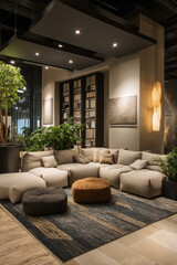 Fototapeta premium A showroom corner designed like a sample apartment. Visitors sit on sofas testing the atmosphere. The mood feels homely and realistic