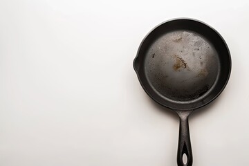 A used cast iron skillet resting on a clean surface, showcasing its cooking purpose.